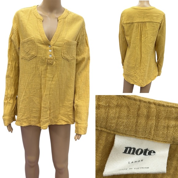 Mote Tops - Mote Cotton Mustard Yellow Gauze Split V Neck Double Pocket Long Sleeve Top Sz L